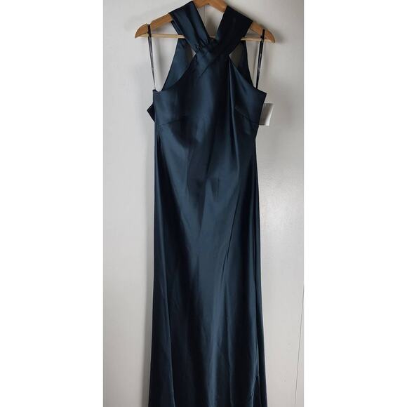 NWT LOVELY Dessy Collection Twist Halter Charmeuse Tie Back Trumpet Maxi Gown L - Picture 6 of 11